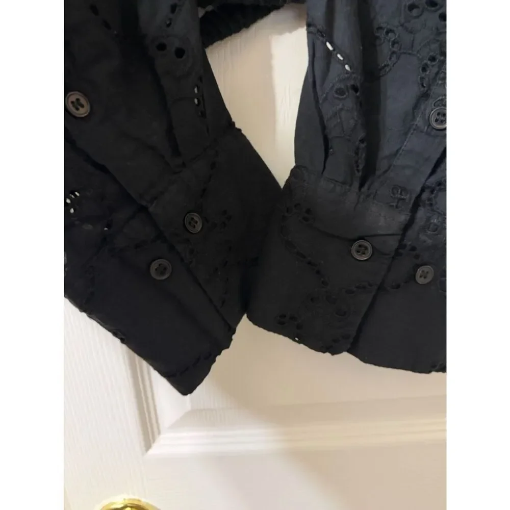 Zara Black Embroidery Eyelet Crop Button Down Top(Size XS)
